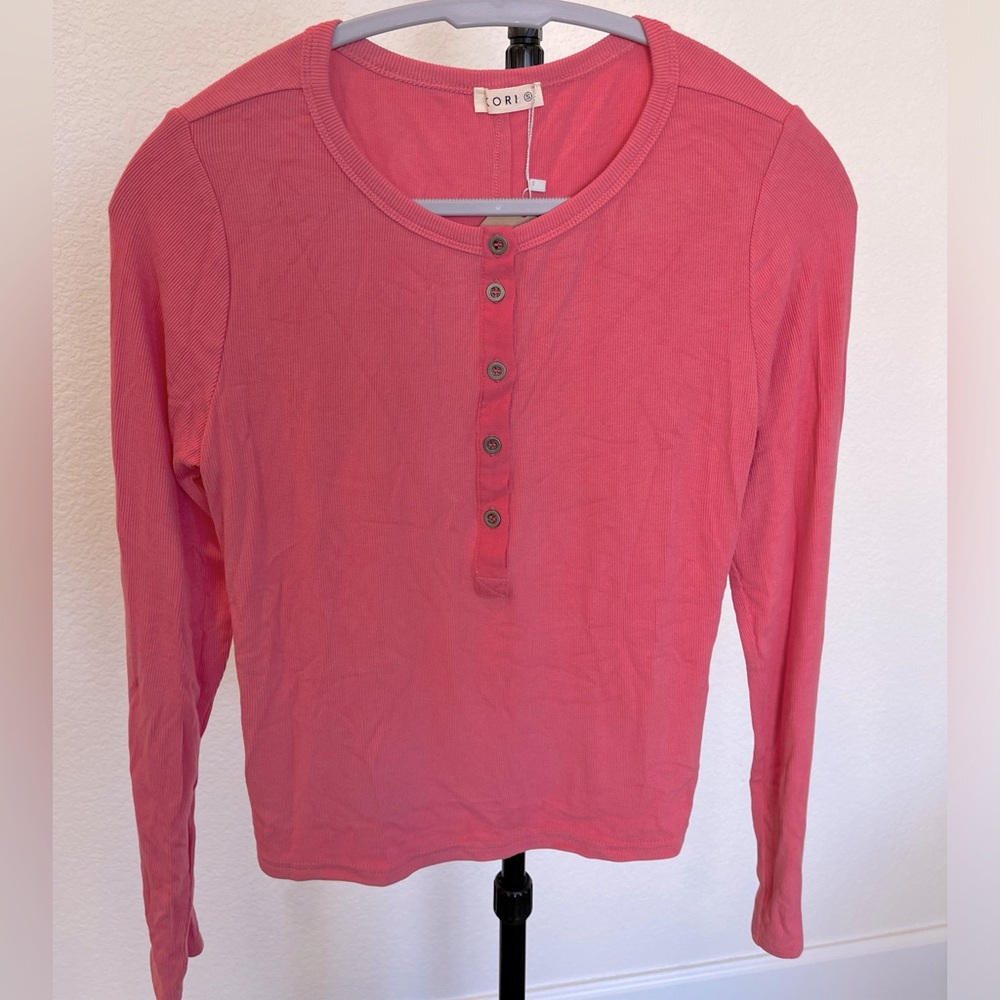 Kori Women's Pink Ribbed Button Long Sleeve Top NWT